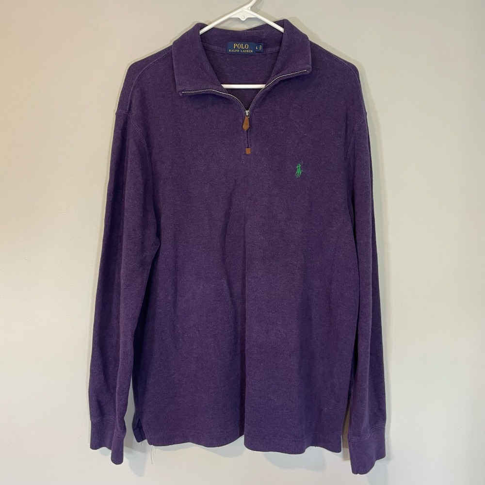 Polo Ralph Lauren Mens Purple Cotton Quarter Zip Pullover Sweater Large Preppy